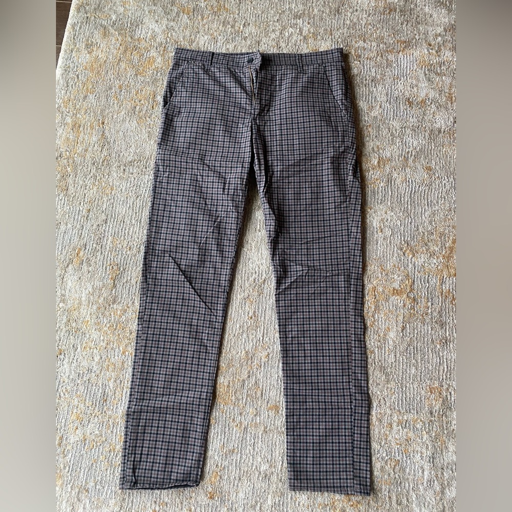 AG chinos. Black/Gray/Deep Maroon checkered pattern. Slim fit.